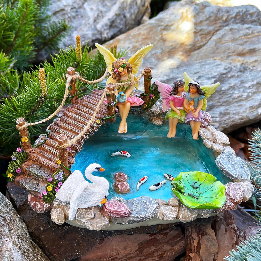 Mood Lab Fairy Garden Fish Pond Kit - Miniature Bridge Set of 6 pcs Fairy Garden Figurines & Accessories - Outdoor or House Decor