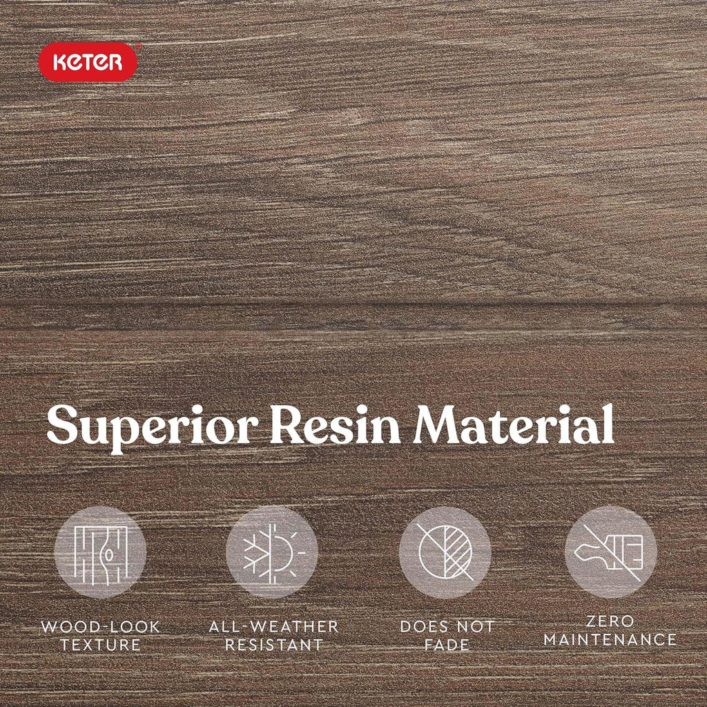 Keter Signature Everwood 30 Gallon Resin Outdoor Storage Box and Patio Furniture Side Table for Pool and Garden Accessories, Walnut