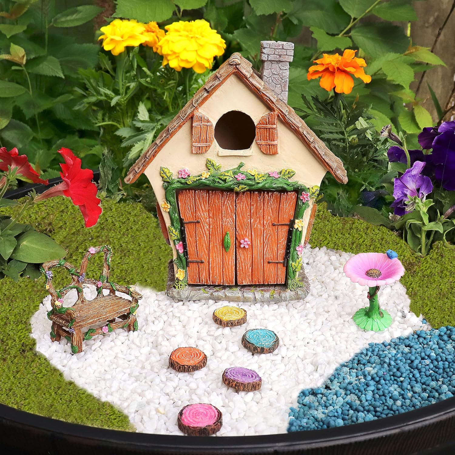 Meadow & Oak Fairy Garden House Kit - Complete with Fairy Garden Accessories, Butterly Seat, Bird Bath, Stepping Stones, Magnetic Door Closure for Indoor/Outdoor Fairy House
