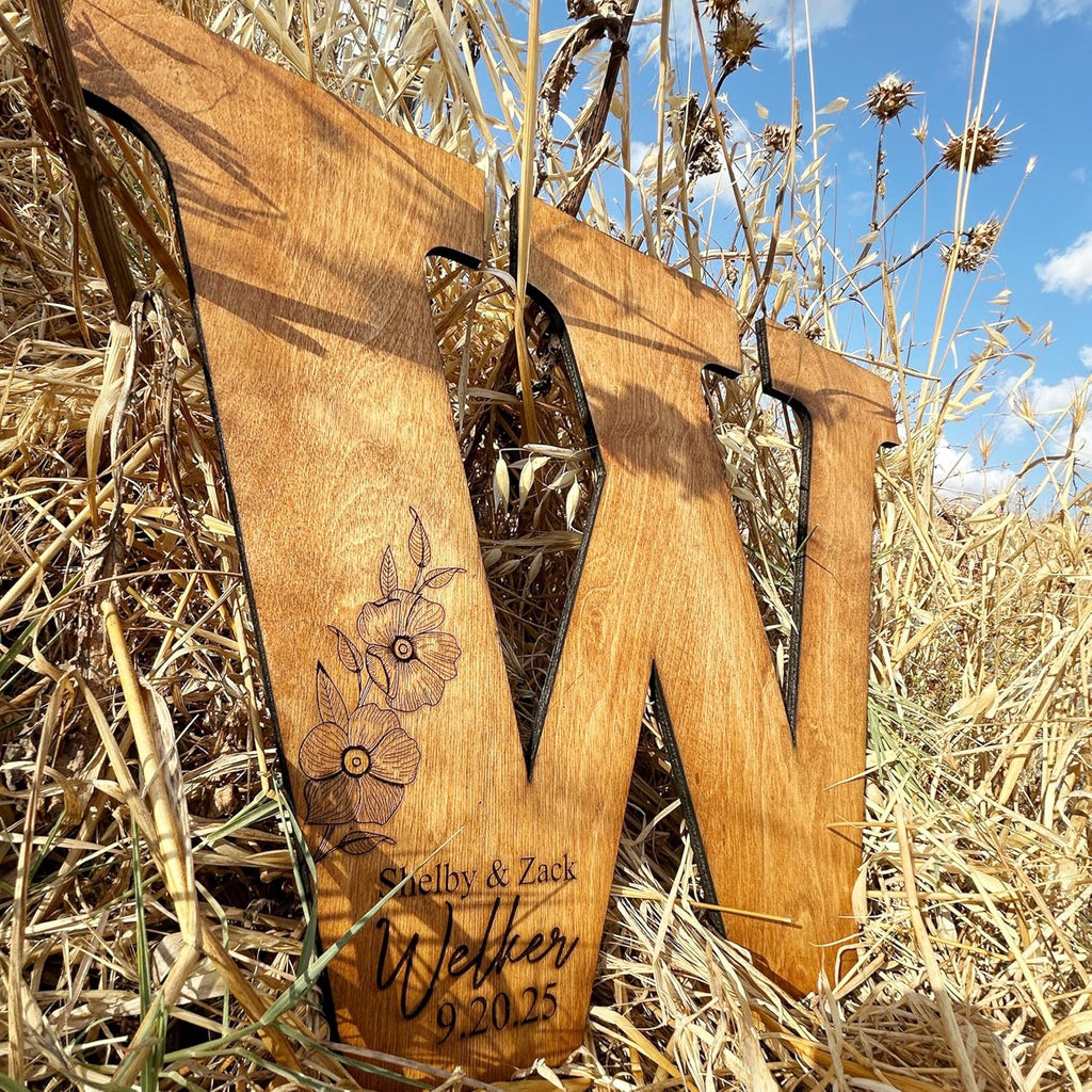 Wedding Guest Book Sign with Pen, Personalized Wooden Letter Monogram, Custom Last Name and Date, Laser Engraved Guestbook Alternative for Couple, Large Sizes Options