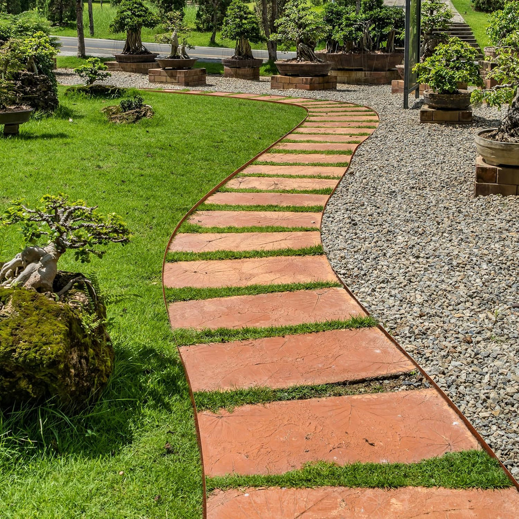 Worth Garden 10-Pack Corten Steel Landscape Lawn Edging - 5in H. (2.5" Above Ground + 2.5" Spikes) Rust Patina Bendable Metal Strips - Hammer-in Border w/ 11 Clips - Yard Pathway Divider (33Ft Total)